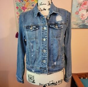 Mossimo Distressed Denim Jacket With Pockets, Stretchy, EUC, Small